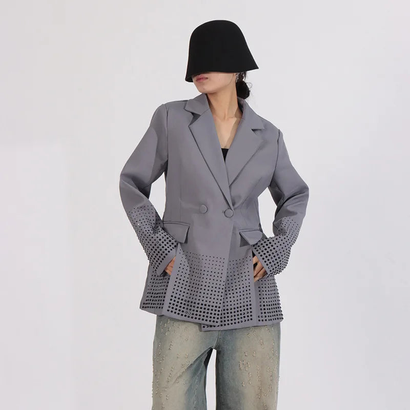 2026 Spring Autumn New Women's Blazer Notched Collar Double Breasted Split Studded Diamonds High-end Elegant Jacket HK18785