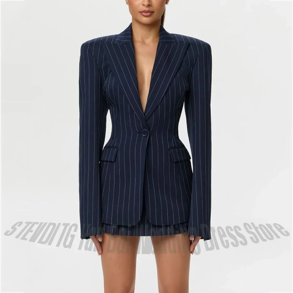 Fashion Striped Women's Suit Oversized Peak Lapel Single Button Blazer Mini Skirt Two Pieces Office Lady Party Event Outfit Set