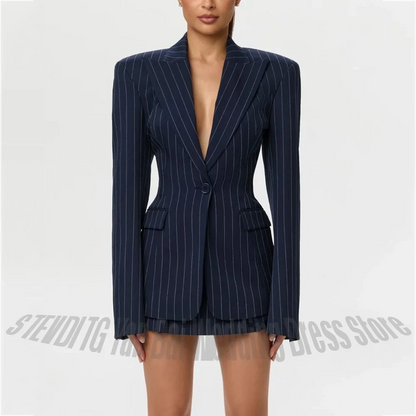Fashion Striped Women's Suit Oversized Peak Lapel Single Button Blazer Mini Skirt Two Pieces Office Lady Party Event Outfit Set