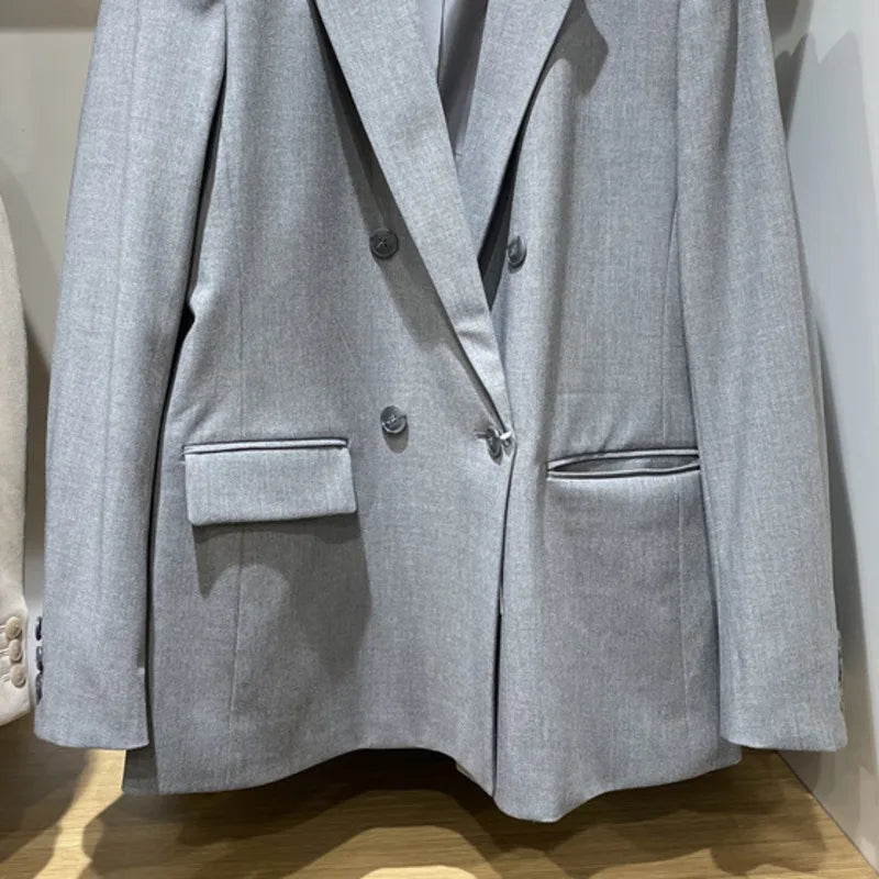 Spring Autumn New Women Blazer Notched Collar Double Breasted Pockets Elegant Fashion Office Lady Jacket Chic Coats HK13020