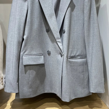 Spring Autumn New Women Blazer Notched Collar Double Breasted Pockets Elegant Fashion Office Lady Jacket Chic Coats HK13020