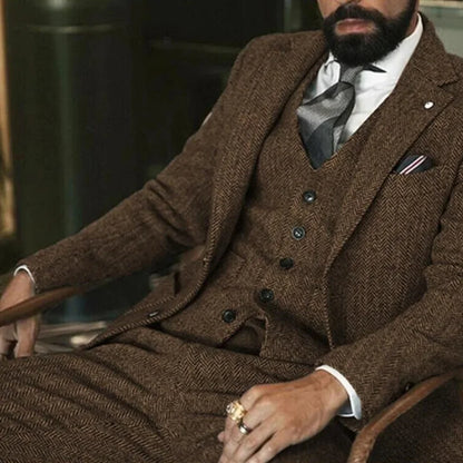 Men's Tweed Wool Slim Fit Formal 3-Piece Suit – Fishbone Weave, Wedding & Smoking Style