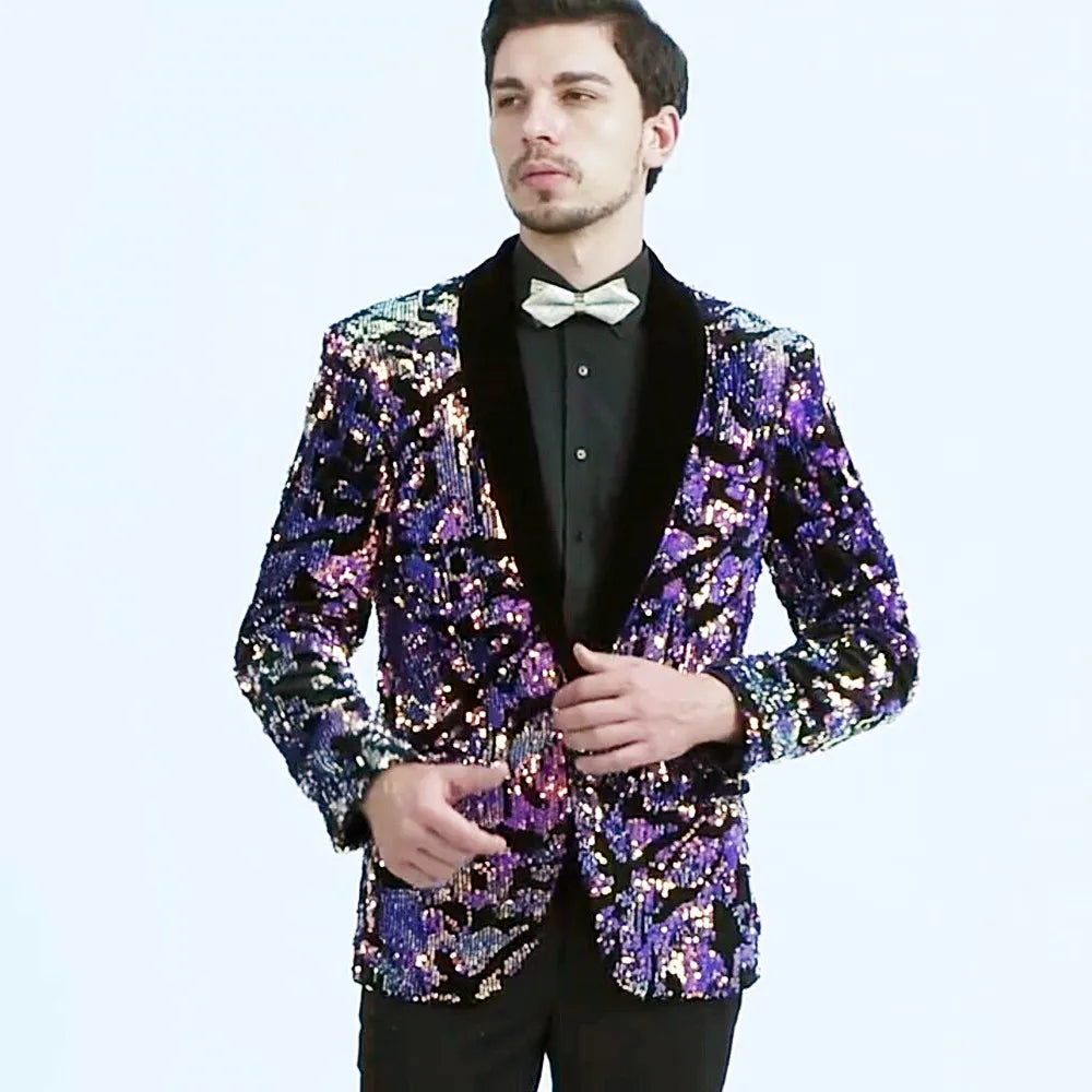 Men's Slim Fit Velvet Tuxedo Blazer Sequin Shawl Lapel One Button Wedding Party Banquet Jacket Shiny Suit Singer Studio Shoot