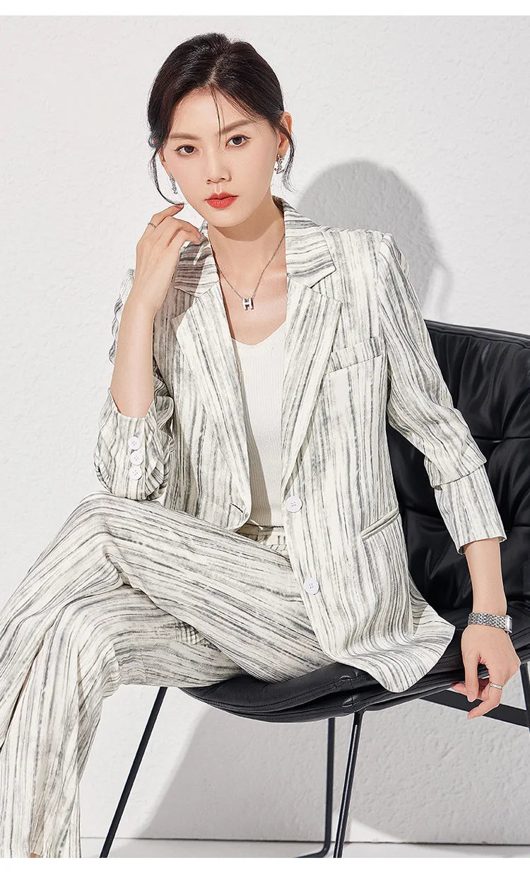 Fashion Women Striped Pants Suit New Spring Business Formal Slim Long Sleeve Thin Blazer and Trousers Office Ladies Work Wear