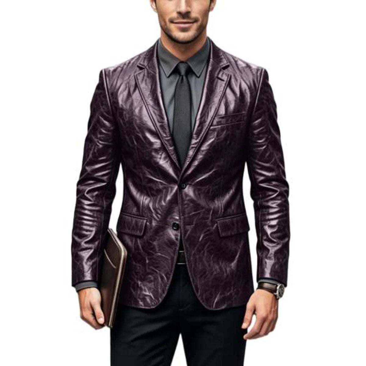 Vintage Wrinkled Men's PU Leather Blazer Slim Fit Notched Lapel Business Suit Jacket Two Button Casual Sport Coats for Office