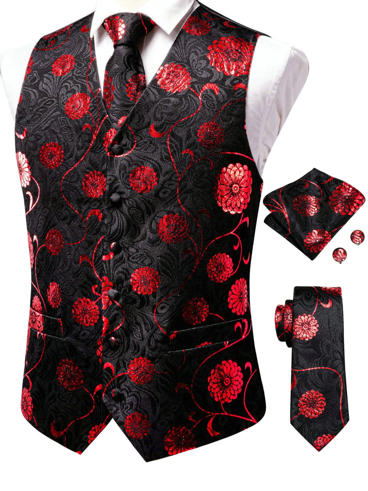 Men's Floral Paisley Vest and Tie Set – Formal Waistcoat with Necktie and Pocket Square for Weddings and Business Events