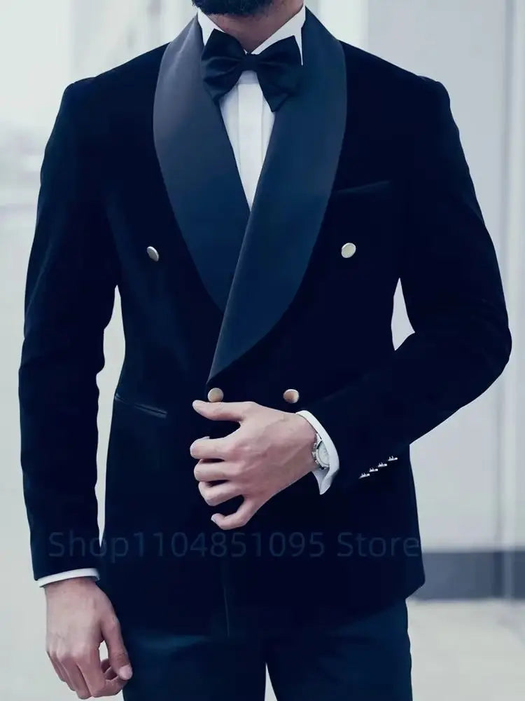 2-Piece Men's Black Velvet Suit Shawl Lapel Double Breasted Suit Blazer Business Wedding Party Men Tuxedos Jacket & Trousers