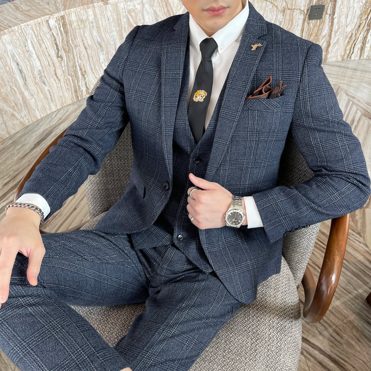 Ensemble costume trois pièces à carreaux modifié de haute qualité de style coréen britannique pour hommes - Gilet et pantalon de costume décontracté élégant