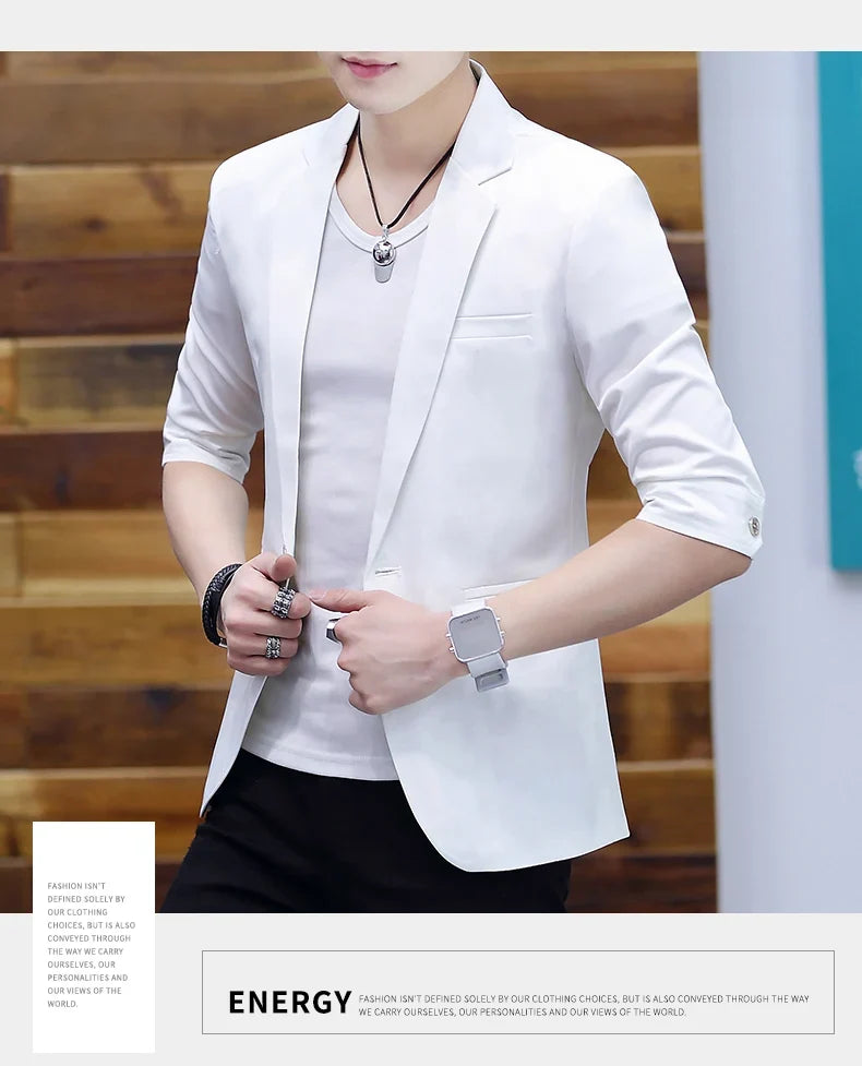 Summer 2025 Men's Mid-Sleeve Slim Fit Suit Korean Style Handsome Youth Seven-Quarter Jacket Small Suit Collection