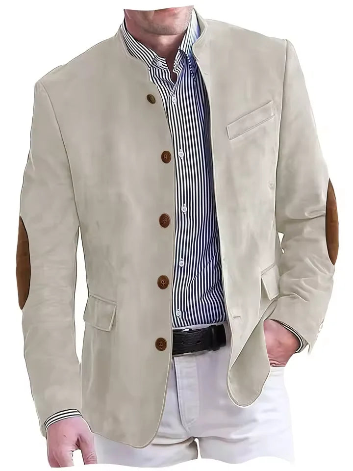 Vintage Men's Suede Blazer Elbow Patch Slim Fit Mandarin Collar Textured Fabric Jacket Business Casual Wedding Party Coat