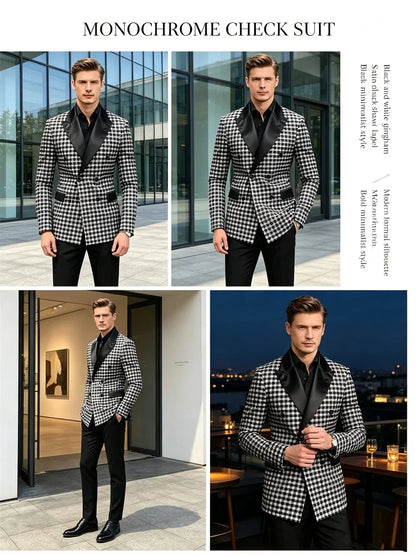 Men's Checkered Double Breasted Blazer Tailored Slim Fit Formal Jacket For Wedding Groom Cocktail Event Prom Dinner Party Coat