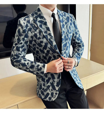 Jacquard Denim Korean Slim Fit Suit Coats 2025 New High Qualitys Fashion Men Slim Fit Business Formal Social Suit Jacket 4XL-M