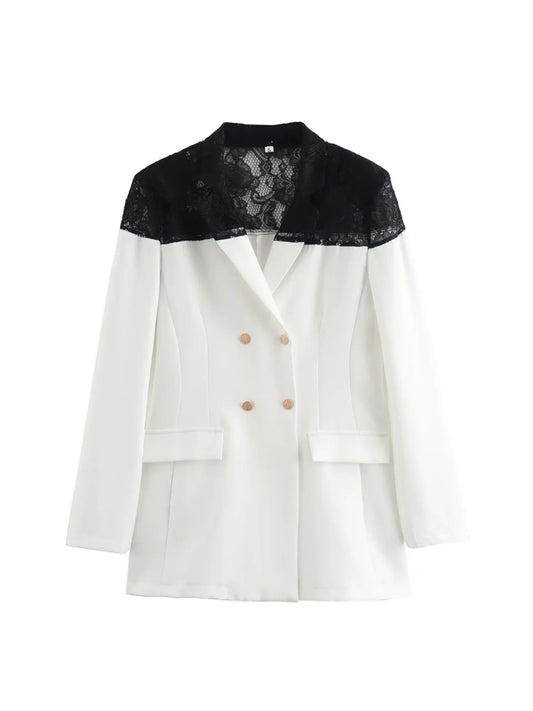 Women White Lace Patchwork Blazer Jacket Suit Coat Elegant Long Sleeve Office Ladies Outerwear 2000s Vintage Clothes Autum 2025