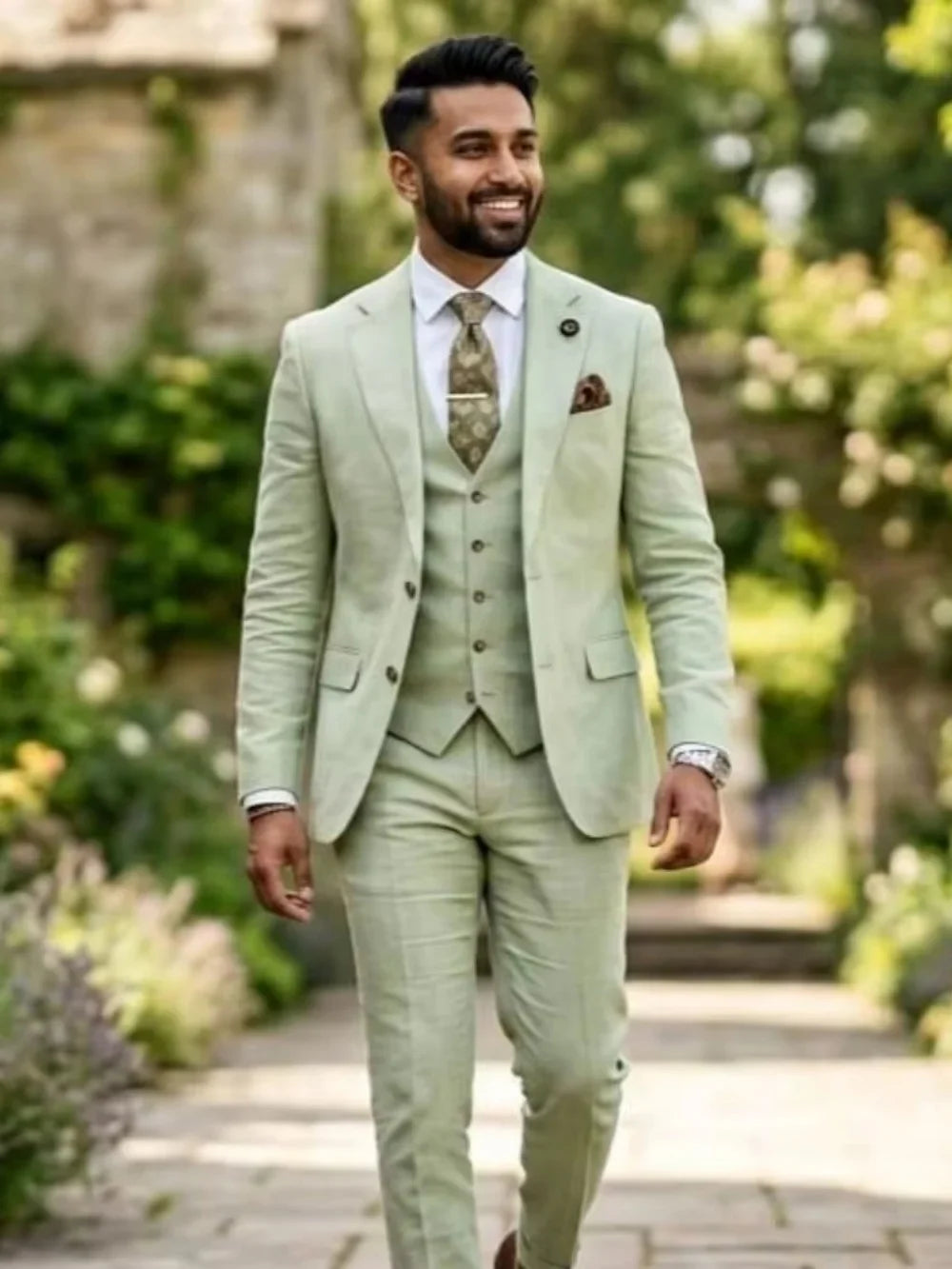New Linen Men's Suits 3 Pieces Summer Beach Wedding Outfit Casual Breathable Notched Lapel Slim Fit Tuxedo For Birthday Party
