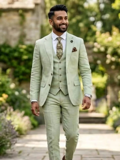 New Linen Men's Suits 3 Pieces Summer Beach Wedding Outfit Casual Breathable Notched Lapel Slim Fit Tuxedo For Birthday Party