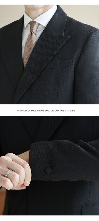 Herringbone Pattern Fabric Suit Jacket Men Autumn Winter Casual Business Dress Coat Wedding Groom Banquet Party Blazer Masculino