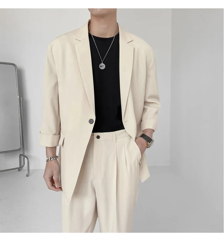 2022 Fashion Summer 2-piece Set Solid Color Single-breasted Casual Simple Student Wear Homme Loose Suits Wear (Blazers + Pants)