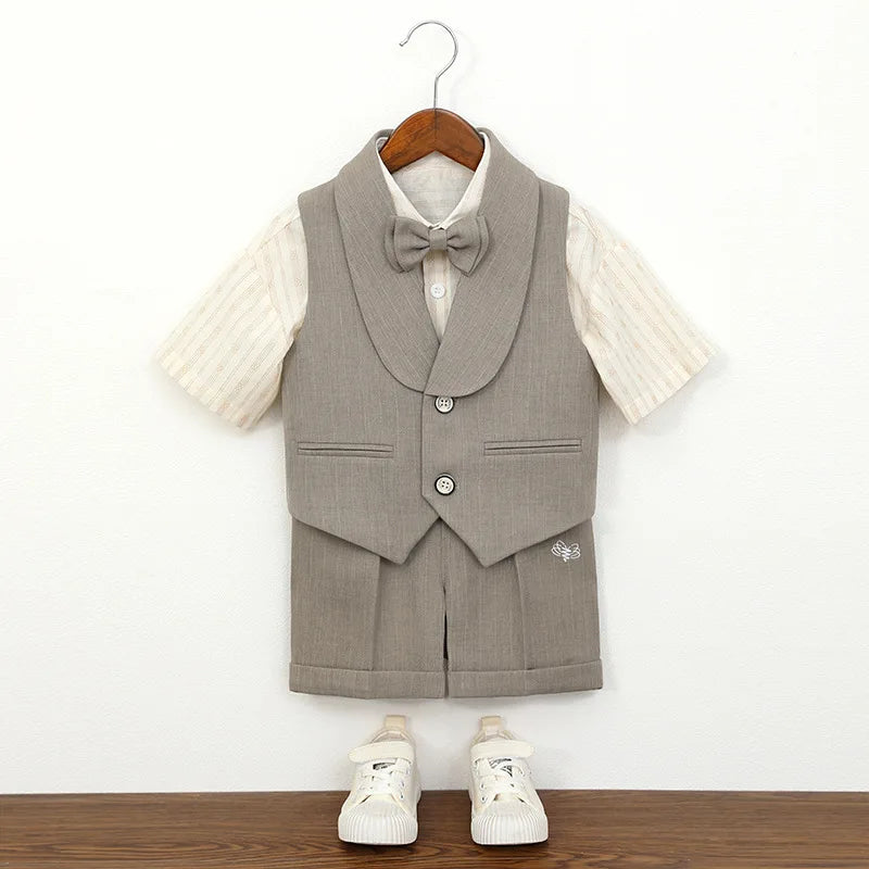 Boys' Summer British Style Suit Vest Set Flower Boy First Birthday Outfit Boys' Children's Day Host Piano Performance Costume