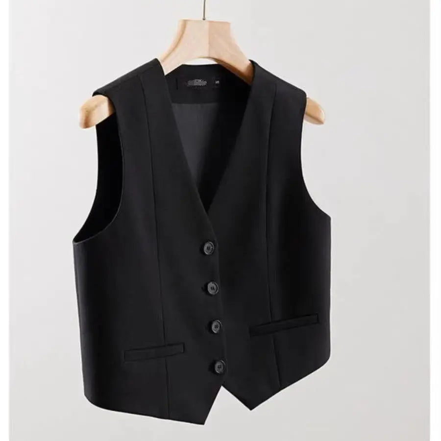 Women Fashion White Black Suit Vest New Short Style Sleeveless Jacket Office Lady V-Neck Casual Lined Blazers Vest Waistcoat