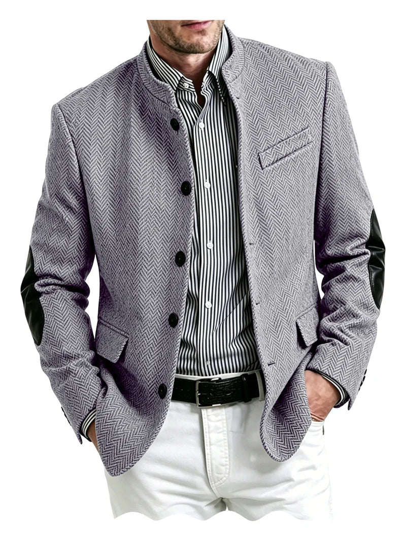 Men's Herringbone Tweed Blazer With Elbow Patches Retro Stand Collar Jacket Slim Fit Daily Party Business Casual Sport Coat ﻿
