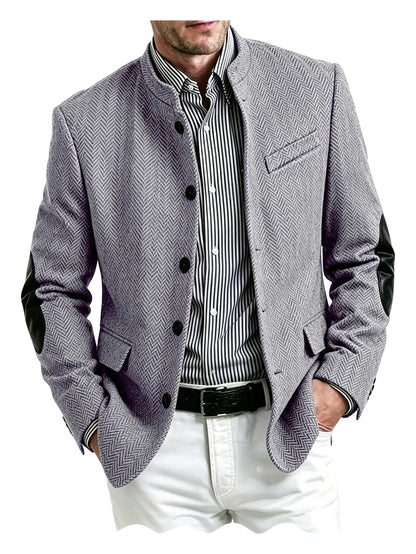 Men's Herringbone Tweed Blazer With Elbow Patches Retro Stand Collar Jacket Slim Fit Daily Party Business Casual Sport Coat ﻿