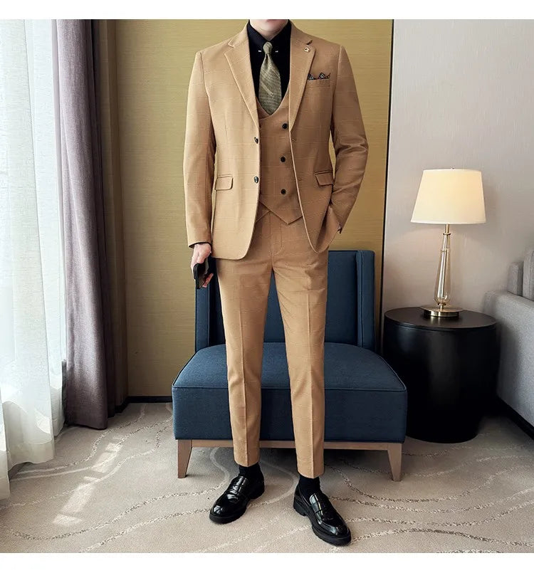 Men's 3-Piece Slim Fit Plaid Suit – Jacket, Vest & Pants for Weddings, Office & Formal Occasions