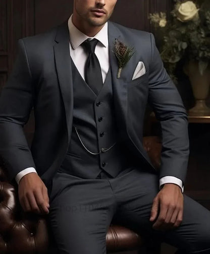 Elegant Gray Men's Suit Slim Fit Fashion Wedding Tuxedo 3 Piece Two Buttons Peak Lapel Blazer Vest Pants for Party Homme Costume