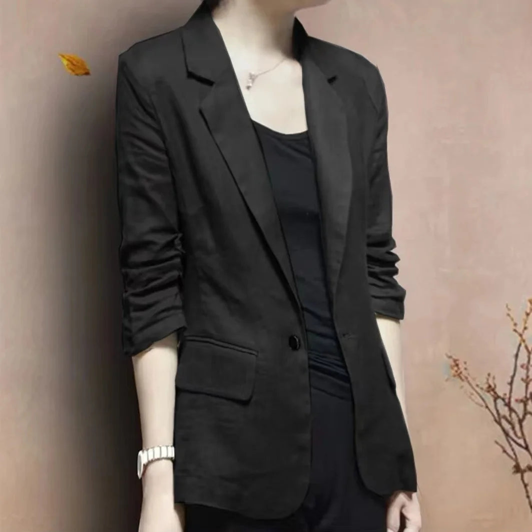 Women's Linen Blazer Casual Slim Fit Single Button Notched Lapel Lightweight Suit Jacket