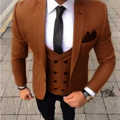 Ensemble de costume 3 pièces coupe ajustée marron pour homme avec blazer, gilet et pantalon - Tenue décontractée pour mariage, bal de promo, affaires, smoking de marié