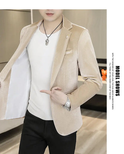 Blazer: An Outdoor Fashion Business Gentleman Wedding Host Slim-fit Casual Korean-style Youthful Men's Golden Velvet Blazer