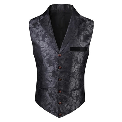 Men's Vest Blue Retro Jacquard Pattern Single Button V-Neck Waistcoat for Wedding & Formal Occasions