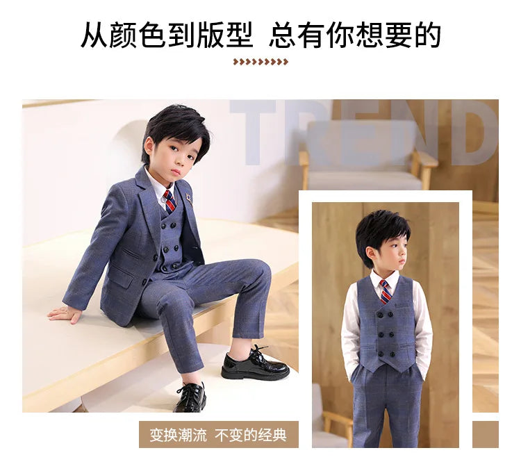 High Quality Boys Plaid Wedding Suits Kids Morning Coat Formal Dress Child Tuxedos Blazer Clothes Sets Toddler School Uniforms