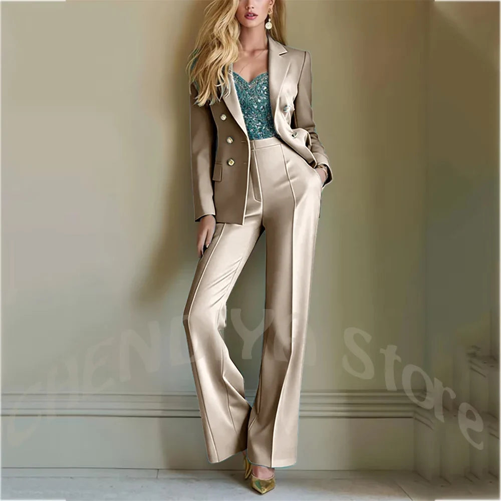 Solid Color Suit For Women High Quality Double Breasted Two Piece Notch Lapel Slim Fit Elegant Fashion Female Outfit Jacket Pant