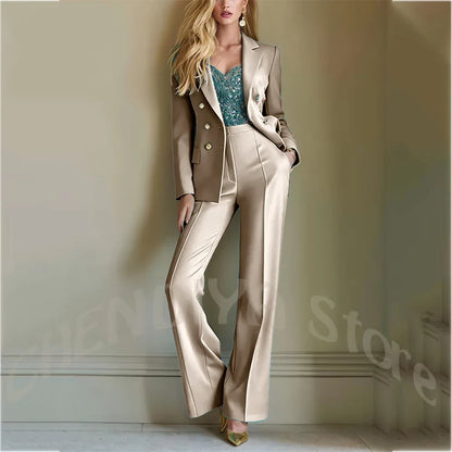 Solid Color Suit For Women High Quality Double Breasted Two Piece Notch Lapel Slim Fit Elegant Fashion Female Outfit Jacket Pant