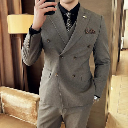 Autumn and winter high-end men's fashionable and stylish suit set, groom's wedding dress three-piece set, Korean-style slimming