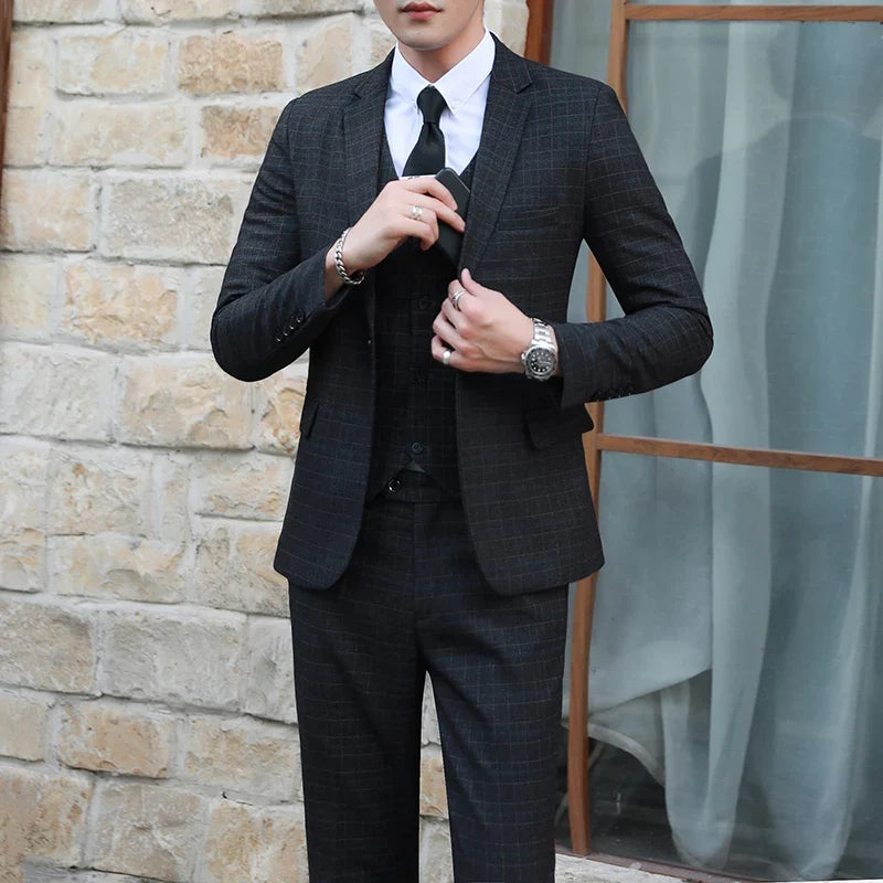 Men's Autumn Winter Trendy Three-Piece Suit Set Slim Fit Stylish Vest Trousers Ensemble Handsome Personality Wardrobe Essential