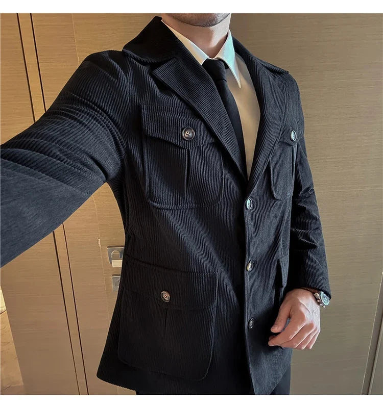 Autumn Winter Corduroy Medium Long Hunting Jacket Men's Fashion Thick Suit Jacket Casual Business Blazers Social Streetwear 2025