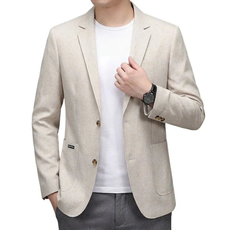 Men's Premium Thin Blazer Spring Summer Solid Color Breathable Cotton Linen Blend Business Casual Jacket Minimalist Office Urban