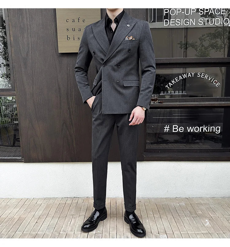 (Blazer + Trousers) Fashion Double Breasted Design Slim Men's Suit Italian Style Luxury Wedding Social Party Tuxedo 2 Piece Set