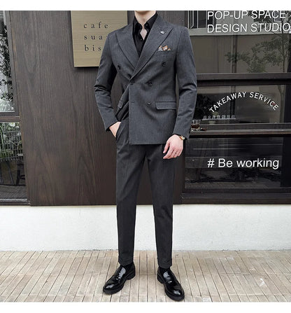 (Blazer + Trousers) Fashion Double Breasted Design Slim Men's Suit Italian Style Luxury Wedding Social Party Tuxedo 2 Piece Set