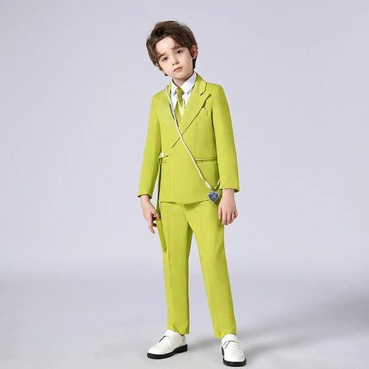 Fashion Boys Suits 2 Piece Latest Design Peak Lapel Blazer Sets with Belt High-end Casual Daily Solid Color Kids Clothes
