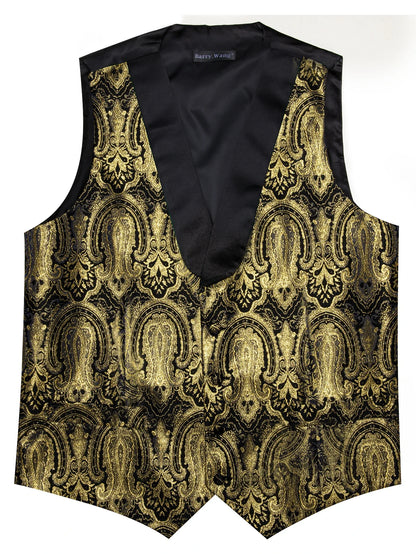 Men's Formal Vest Single Breasted Jacquard Shawl Collar Waistcoat Dark Gold Floral Wedding