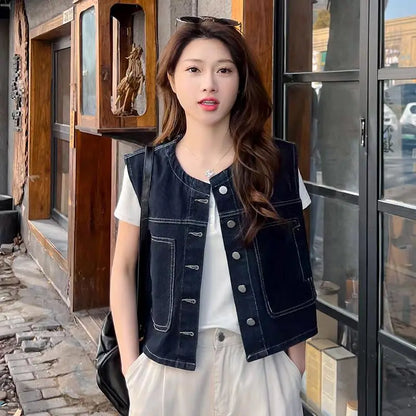 Retro Loose Thin Denim Vest Coat Women's Spring Summer Versatile Casual Sleeveless Jeans Jacket Korean Short Denim Waistcoat