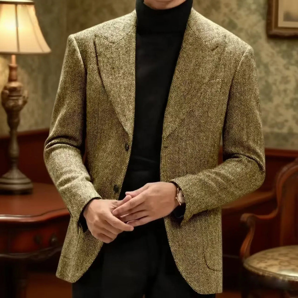 Classic Italian Men's Suit Jacket, Single Breasted, Autumn Winter Retro Warm Suit Men Herringbone Business Casual Men's Clothing