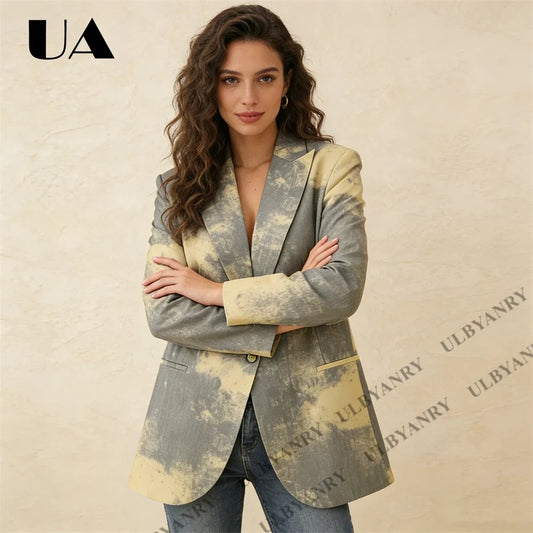 Tie Dye Ombre Blazer Jacket, Loose Fit Single Breasted Suit Coat for Women Streetwear Artistic Casual Office Look
