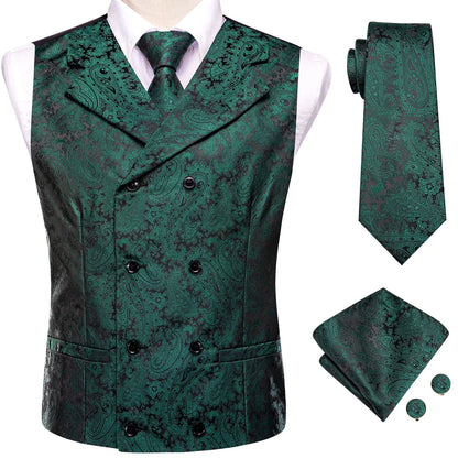 Men's Paisley Vest 4-Piece Set – Slim Fit Waistcoat with Necktie, Pocket Square & Cufflinks for Weddings