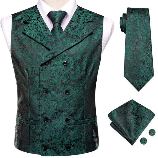 Men's Paisley Vest 4-Piece Set – Slim Fit Waistcoat with Necktie, Pocket Square & Cufflinks for Weddings