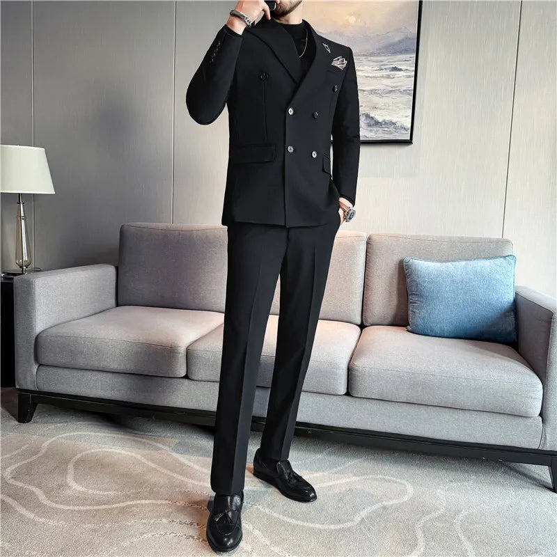 Brand Two-piece Suit for Men British Style Double Breasted Casual Business Suit Blazer Trousers Office Party Prom Wedding Suits