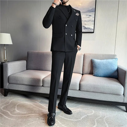 Brand Two-piece Suit for Men British Style Double Breasted Casual Business Suit Blazer Trousers Office Party Prom Wedding Suits
