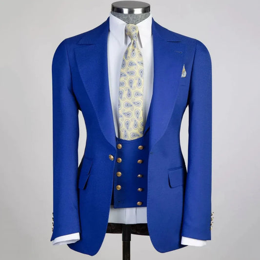 Men Suit Royal Blue 3 Pieces With Lapel Solid For Wedding Groom Banquet Party Prom Business Work Office Daily Jacket Vest Pants
